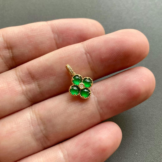 高冰种阳绿翡翠蛋面四叶草18k黄金钻石镶嵌 商品图6