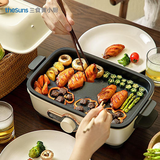 三食黄小厨 多功能锅网红料理锅电火锅锅家用电热炒锅烤肉蒸炒烧烤煎涮烤一体多用途电炖煮锅 复古绿+专业款（平煎盘+深锅+蒸架+条纹盘） 商品图2