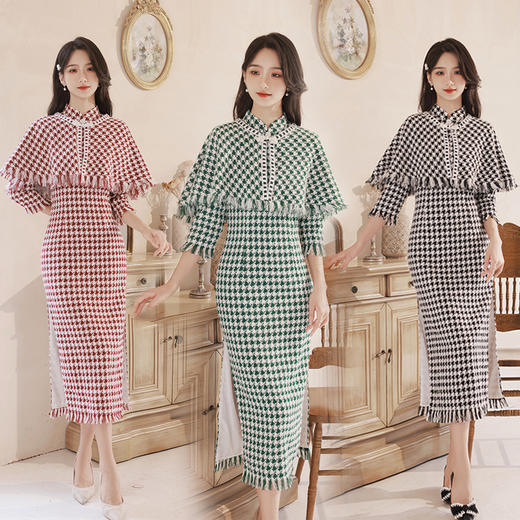 冬款旗袍两件套改良千鸟格复古多色礼服淑女日常旗袍连衣裙XL千鸟格 商品图0