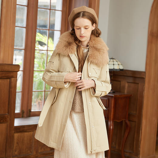 Famecoco范可儿派克服女冬中长款收腰大毛领羽绒服白鸭绒F228AD009 商品图1