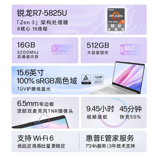 惠普HP 星15青春版 15英寸大屏网课轻薄笔记本电脑(8核锐龙R7-5825U 16G 512G 高色域屏 高速WIFI6 银色) 商品图1
