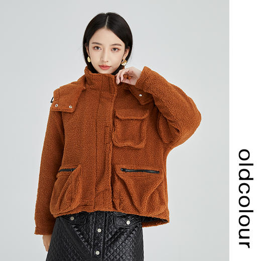 oldcolour2022冬新款纯色复古宽松设计感连帽毛绒短款棉服外套女N41041110 商品图3