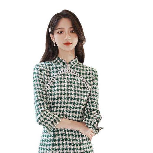 冬款旗袍两件套改良千鸟格复古多色礼服淑女日常旗袍连衣裙XL千鸟格 商品图4