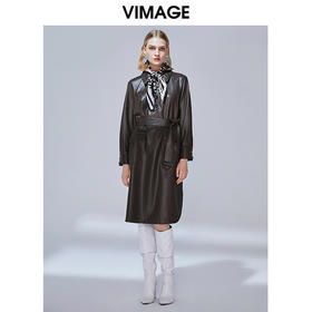 下架脱皮-VIMAGE纬漫纪品牌女装冬款气质翻领时尚收腰显瘦PU连衣裙V1407033