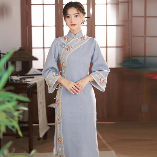 TX秋冬中长复合针织刺绣蕾丝花边日常显瘦旗袍连衣裙 商品图0