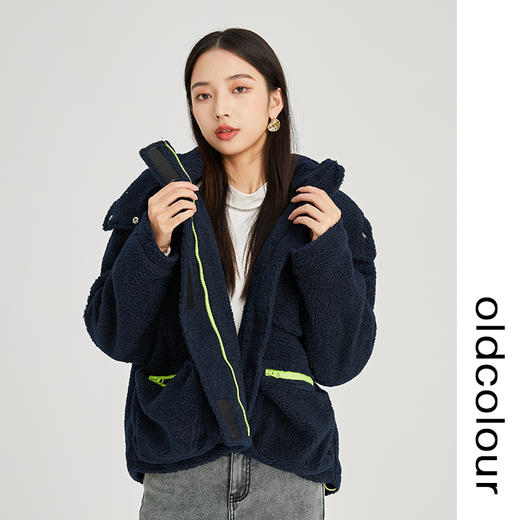oldcolour2022冬新款纯色复古宽松设计感连帽毛绒短款棉服外套女N41041110 商品图2