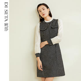 玳莎小香风泡泡袖连衣裙2022秋冬新款拼接假两件设计感粗花呢裙子 CD35301