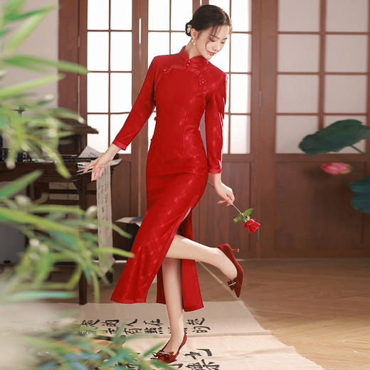 TX秋冬新娘装红装显瘦修身旗袍连衣裙回门敬酒服 商品图0