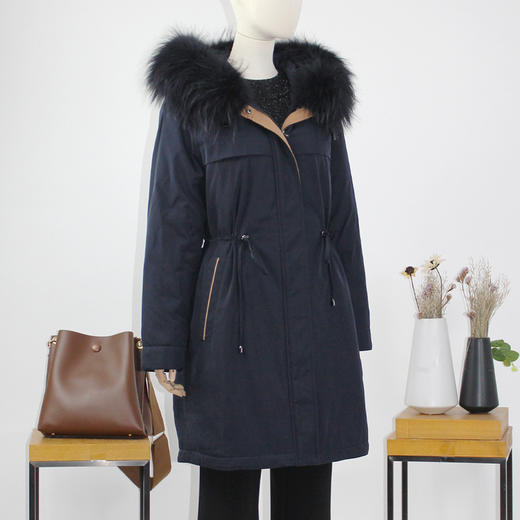 FOCALS福柯斯新款休闲拼接连帽毛领中长款派克羽绒服FYJDD820B7 商品图1