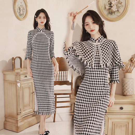 冬款旗袍两件套改良千鸟格复古多色礼服淑女日常旗袍连衣裙XL千鸟格 商品图7