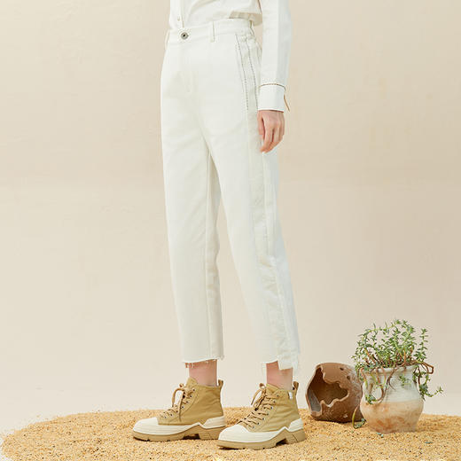 Famecoco范可儿休闲烟管裤女冬直筒不对称裤子拼接设计感F228GA013 商品图1