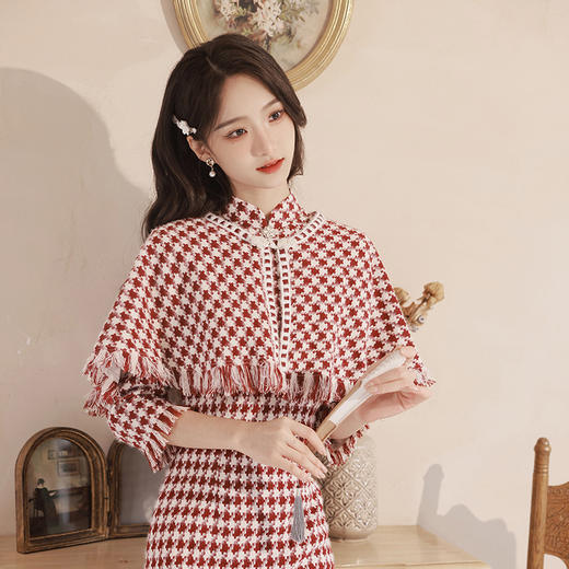 冬款旗袍两件套改良千鸟格复古多色礼服淑女日常旗袍连衣裙XL千鸟格 商品图2