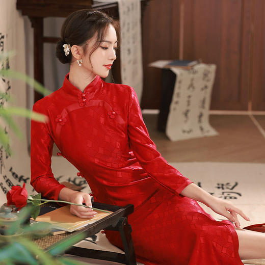 TX秋冬新娘装红装显瘦修身旗袍连衣裙回门敬酒服 商品图2