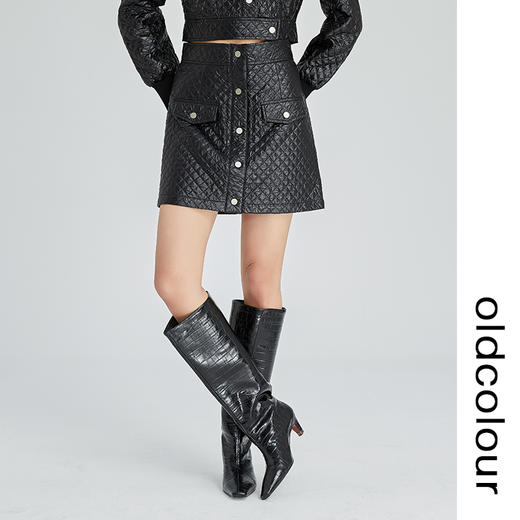 oldcolour2022冬新款黑色皮裙A字高腰显瘦小个子包臀短款半身裙女 商品图0