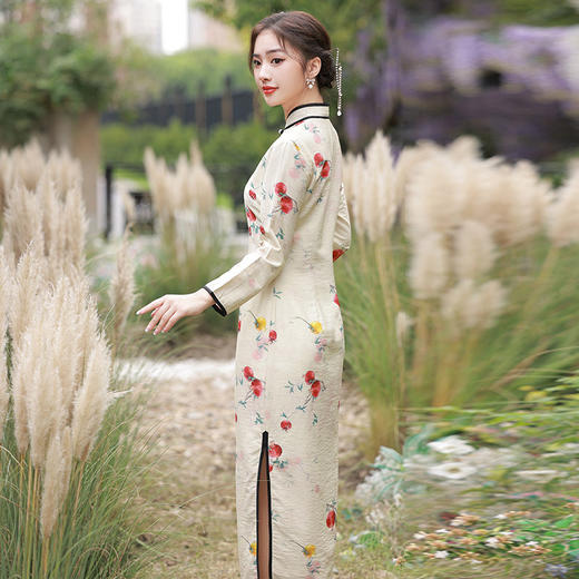 TX秋冬加厚苎麻双层全开襟真盘扣修身显瘦日常旗袍连 商品图3