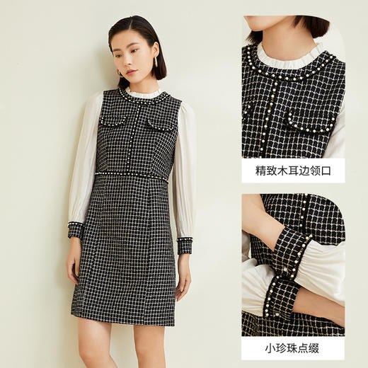 玳莎小香风泡泡袖连衣裙2022秋冬新款拼接假两件设计感粗花呢裙子 CD35301 商品图2