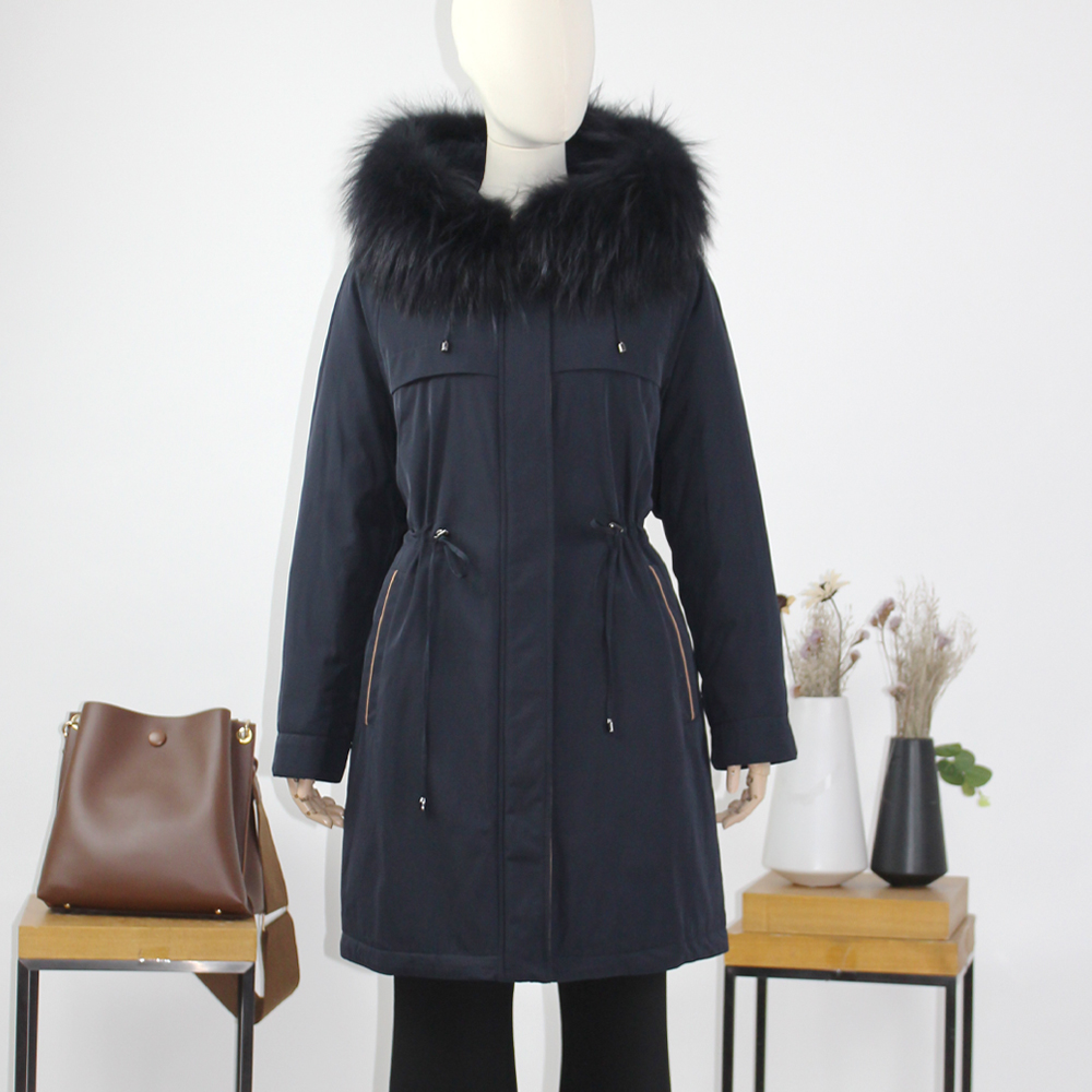 FOCALS福柯斯新款休闲拼接连帽毛领中长款派克羽绒服FYJDD820B7