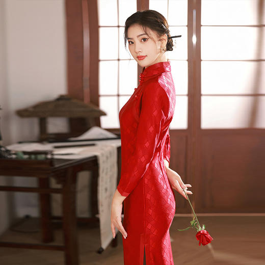 TX秋冬新娘装红装显瘦修身旗袍连衣裙回门敬酒服 商品图3