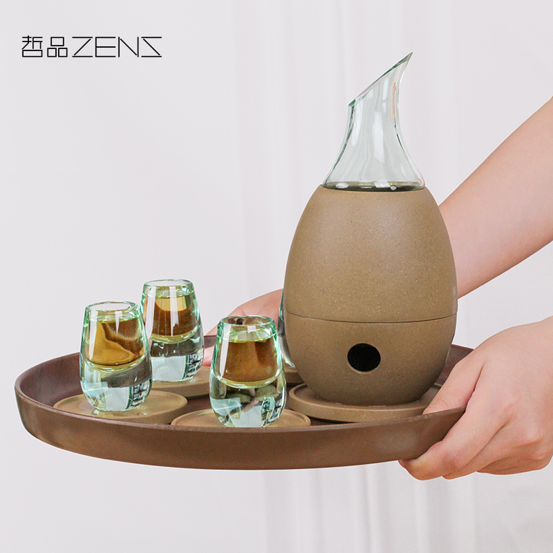 哲品  乐醒·紫砂酒具套装一壶四杯温酒器酒壶玻璃酒杯礼盒送长辈