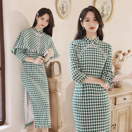 冬款旗袍两件套改良千鸟格复古多色礼服淑女日常旗袍连衣裙XL千鸟格 商品图6