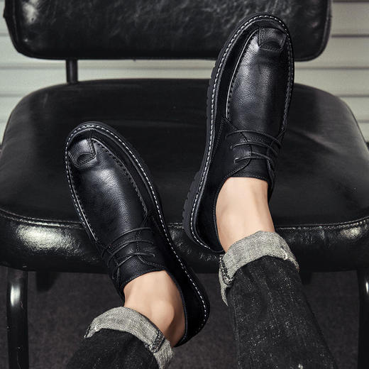 夏季男鞋休闲商务正装黑色小皮鞋大头鞋韩版圆头马丁靴透气西装男 商品图0