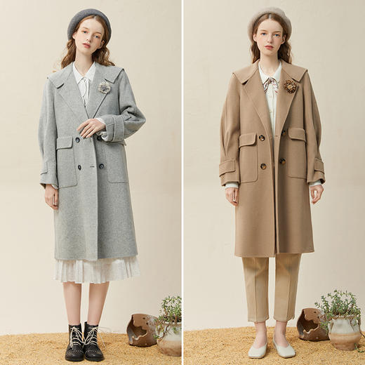 Famecoco范可儿披肩领羊毛大衣长过膝双面呢毛呢外套冬季F228AQ001 商品图4