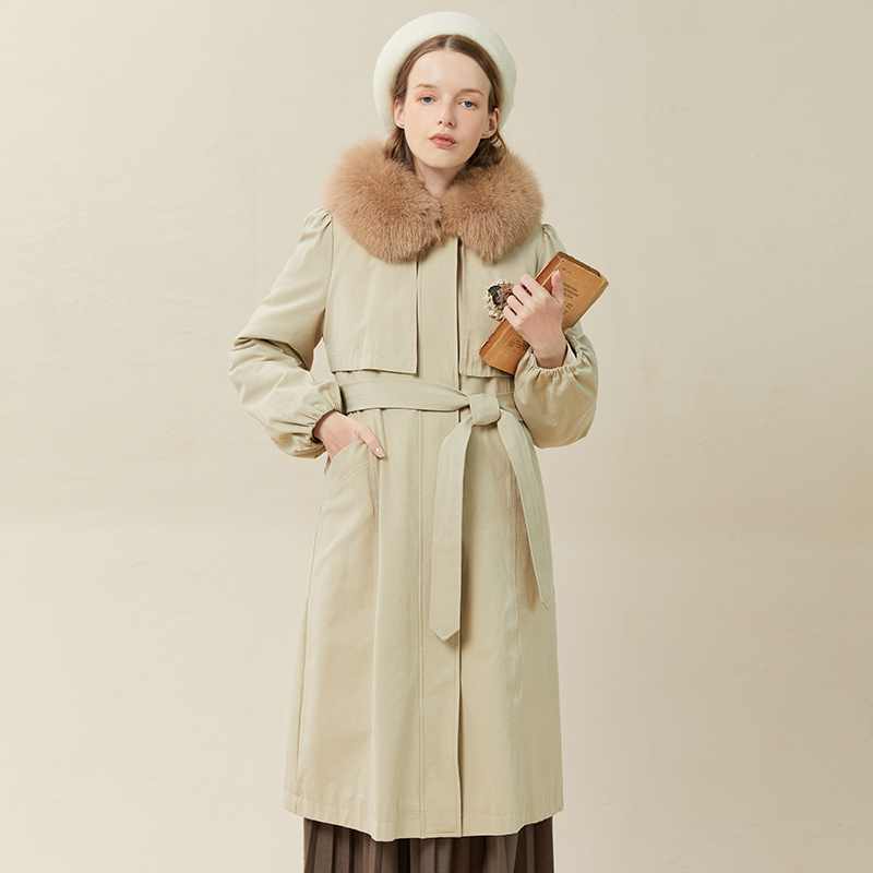 Famecoco范可儿收腰系带羽绒服女士长款过膝冬季保暖外套F228AH006