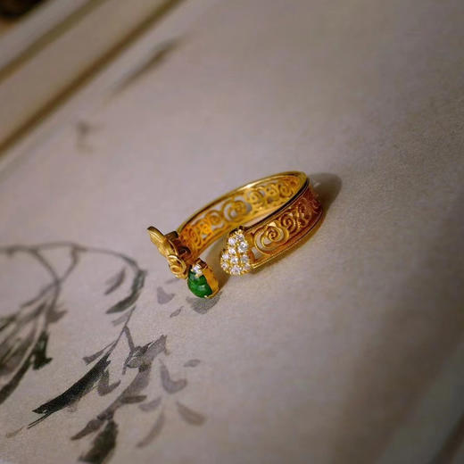 龢盒原创 福禄绵长，冰绿翡翠葫芦18k金镶钻开口戒 戒指 商品图2