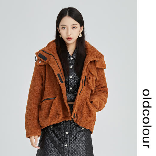 oldcolour2022冬新款纯色复古宽松设计感连帽毛绒短款棉服外套女N41041110 商品图0