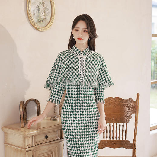 冬款旗袍两件套改良千鸟格复古多色礼服淑女日常旗袍连衣裙XL千鸟格 商品图3