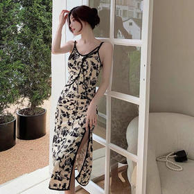 网红同款吊带裙旗袍裙改良版女人味连衣裙法式复古裙开叉裙中长裙