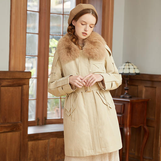 Famecoco范可儿派克服女冬中长款收腰大毛领羽绒服白鸭绒F228AD009 商品图4