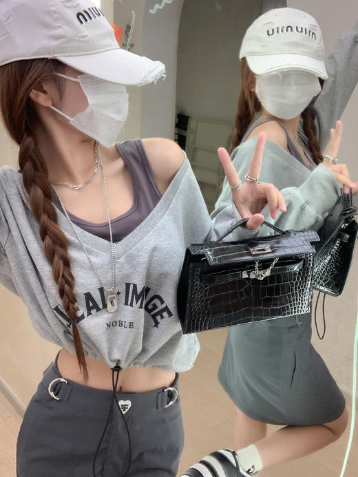  V领短款修身抽绳卫衣 商品图3