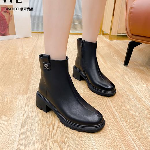 新品冬季厚绒牛皮粗跟百搭矮靴968B25515 商品图1