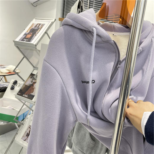 香芋紫加绒加厚连帽卫衣女冬季字母刺绣宽松保暖灰色休闲拉链外套 ls07 商品图1