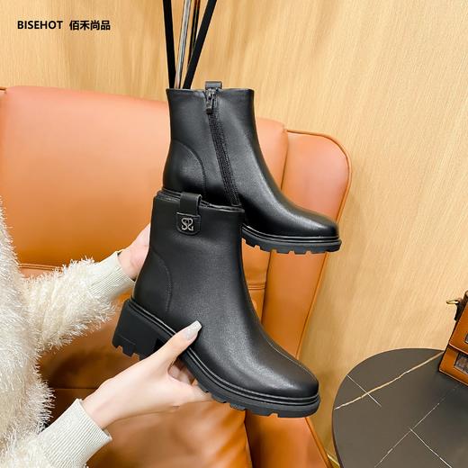 新品冬季厚绒牛皮粗跟百搭矮靴968B25515 商品图3