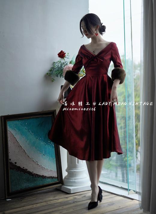 #1207【复团】喵娘精工定制《摩纳哥的黄昏》Grace Kelly复古皮草袖蜂腰红裙 商品图5