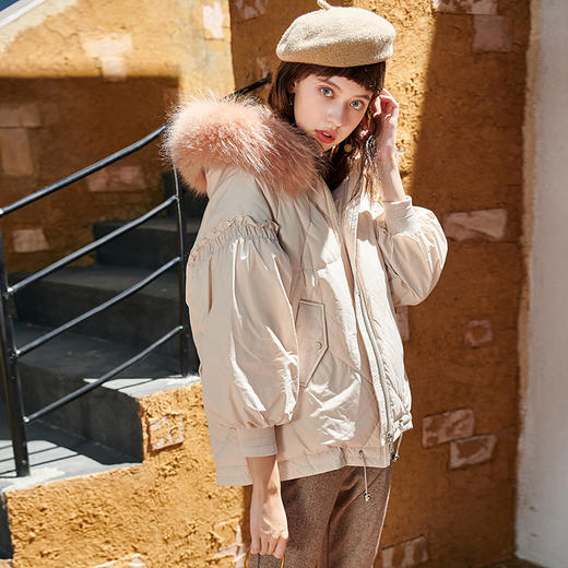 欧芮儿2019冬季新款羽绒服短裤女连帽带毛领宽松版型白鸭绒 商品图0