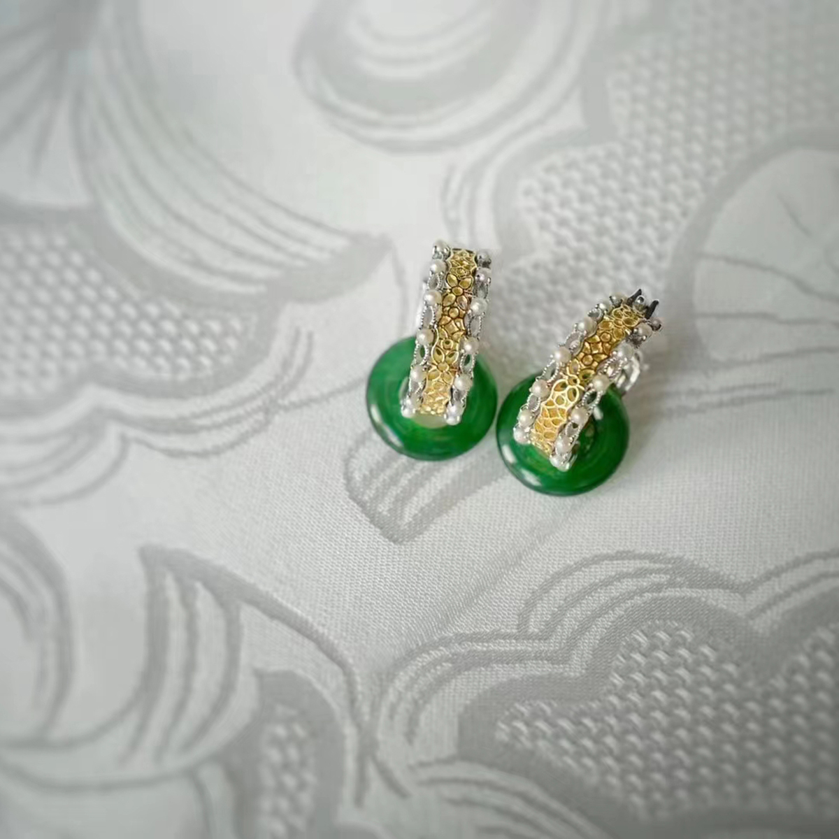 龢盒原创 18k古典花丝珍珠金耳圈 耳环