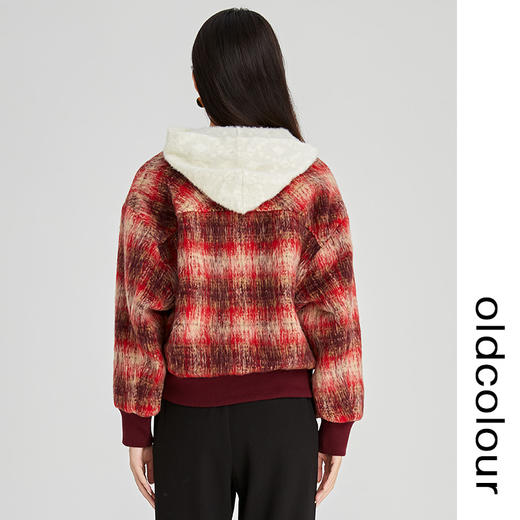 oldcolour2022冬季新款红色复古学院风格子短款小棉服毛绒外套女N44041506 商品图4