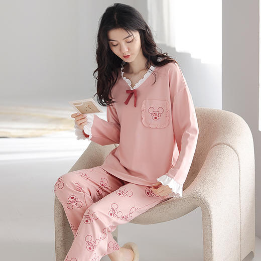 【瑜伽生活家】「39套配色可选」红腾秋季长袖长裤睡衣女 套头韩版甜美休闲内衣可外穿家居服两件套 商品图4