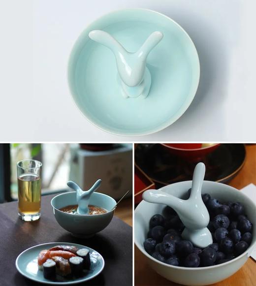 扬眉“兔”气 海棠春睡·兔子陶瓷系列！荣获多项国际大奖，清华美院陶瓷系艺术家作品  托盘/果盘/点心盘 景德镇湖田窑影青釉 高白泥硬质瓷碟 商品图6