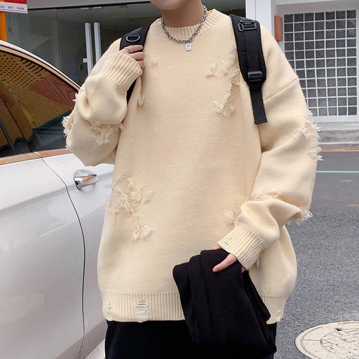 【新款上市】潮牌破洞毛衣男秋冬季港风ins帅气高街个性休闲百搭圆领针织毛衫 商品图1