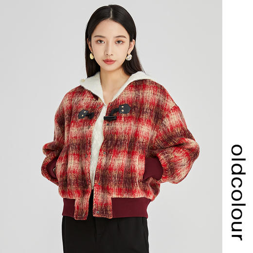 oldcolour2022冬季新款红色复古学院风格子短款小棉服毛绒外套女N44041506 商品图0