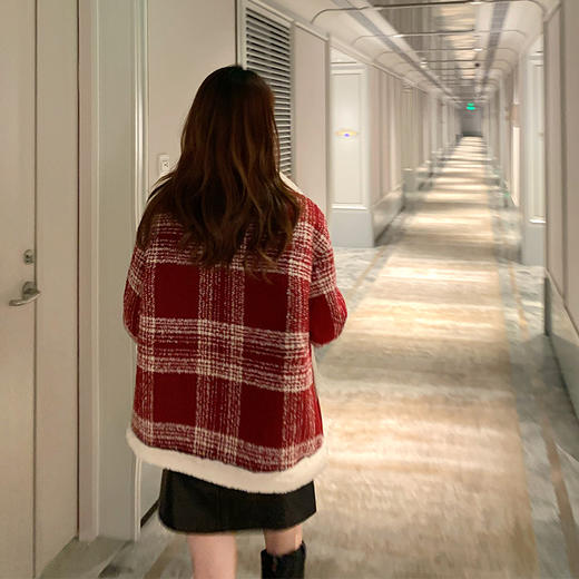 欧芮儿2019冬装新款长袖格子羊剪绒大衣皮毛一体机车皮草宽松外套 商品图1