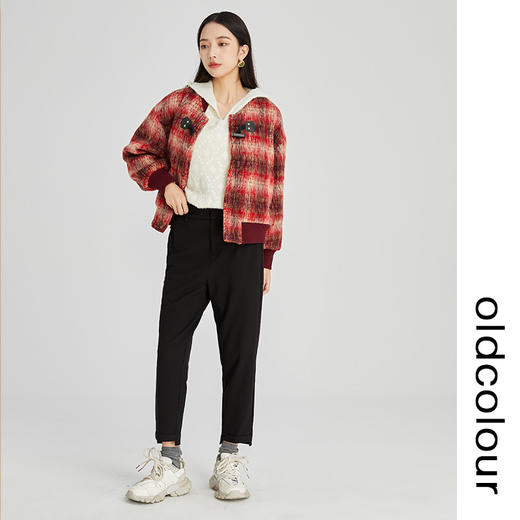 oldcolour2022冬季新款红色复古学院风格子短款小棉服毛绒外套女N44041506 商品图2