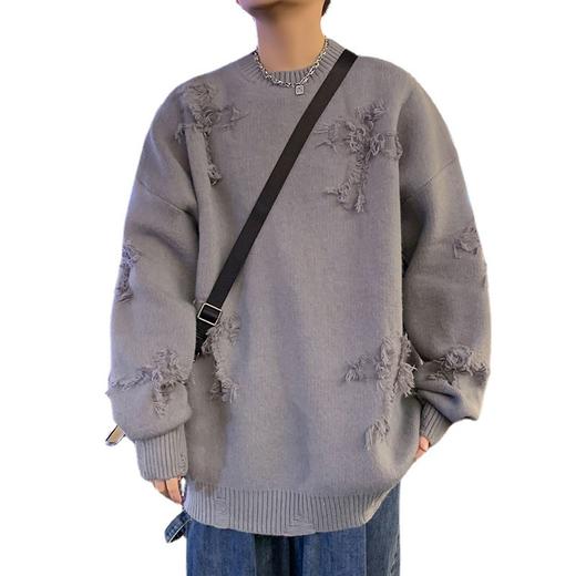 【新款上市】潮牌破洞毛衣男秋冬季港风ins帅气高街个性休闲百搭圆领针织毛衫 商品图4