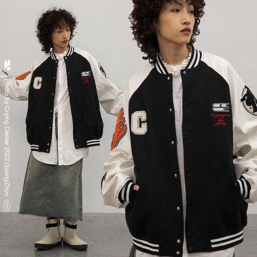 CryingCenter 美式复古棒球服PU皮 拼接毛巾绣刺绣外套夹克 商品图0