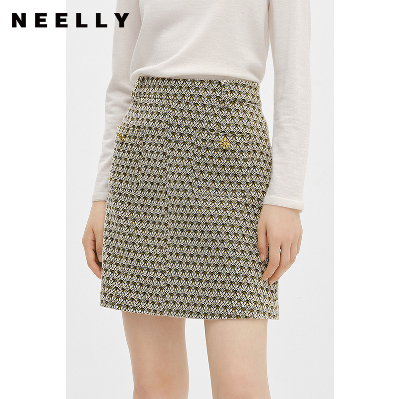 NEELLY纳俪商场同款2022年新款高腰半身裙女百搭毛呢A字裙包臀裙N22112E01143