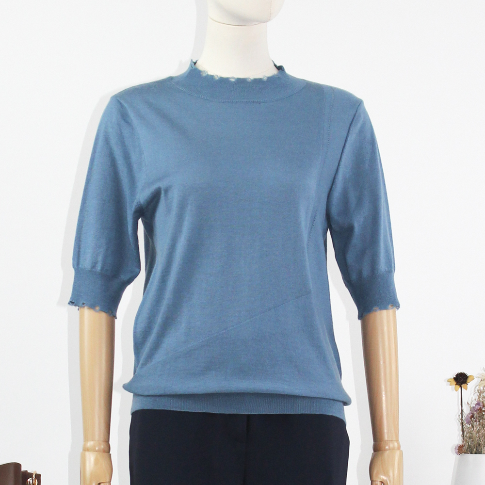 FOCALS福柯斯新款小立领短袖套头纯色针织毛衫上衣F2YCM628B1